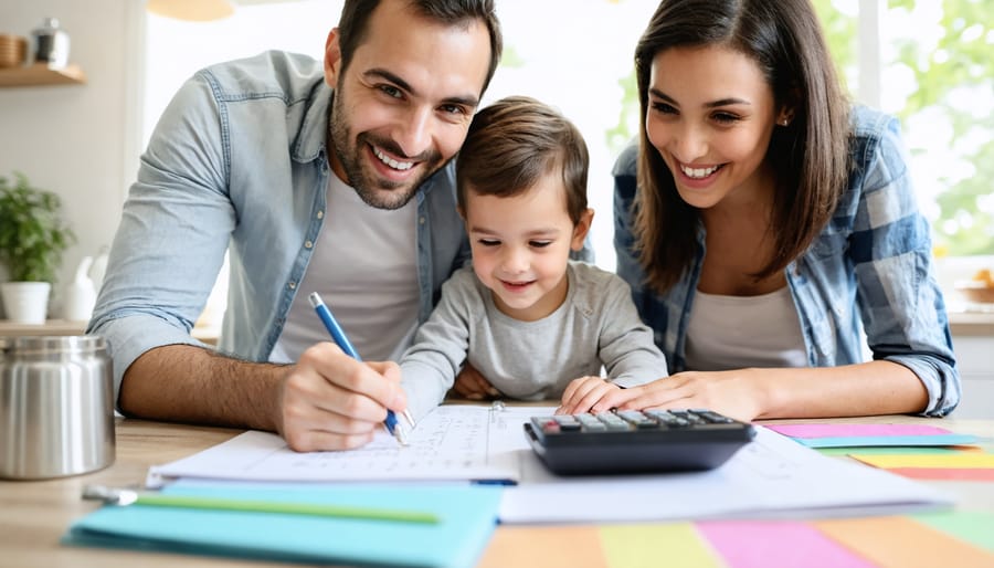 Family of four sitting together at table reviewing entertainment budget with smiles