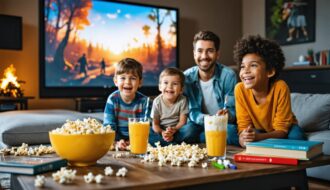 "A smiling family of four enjoying a movie night at home with popcorn, surrounded by board games and craft supplies."