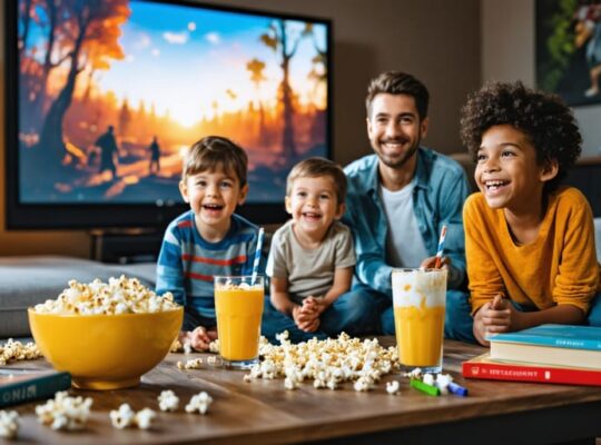 "A smiling family of four enjoying a movie night at home with popcorn, surrounded by board games and craft supplies."