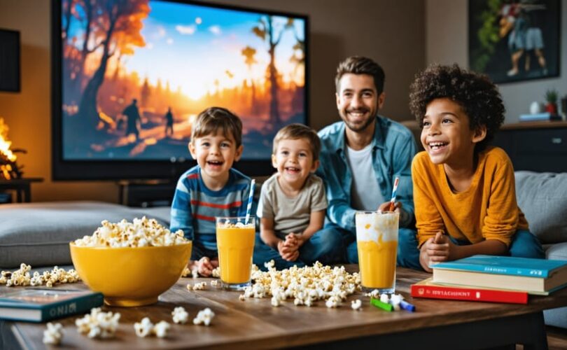 "A smiling family of four enjoying a movie night at home with popcorn, surrounded by board games and craft supplies."