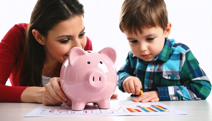 Young child learning about budgeting with parent using piggy bank and visual aids
